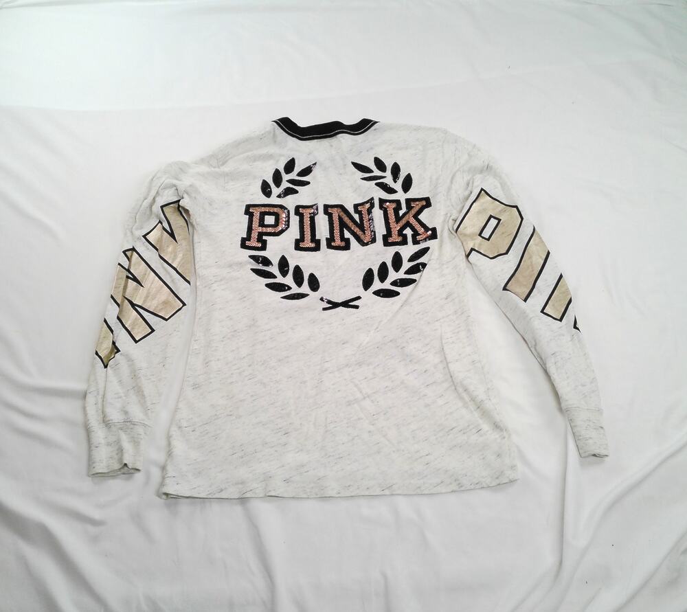 PINK Victoria's Secret Long Sleeve Graphic Tee XS White Marled Gold Logo Shirt